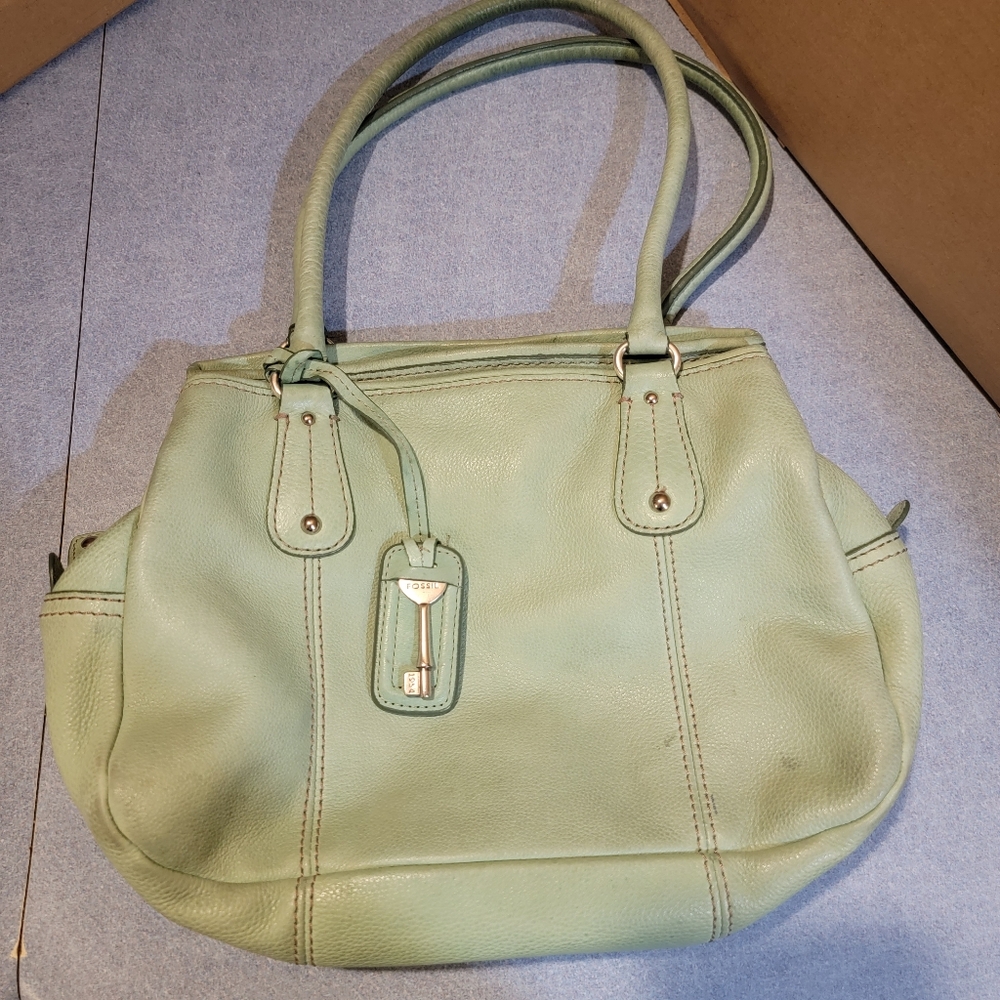 Fossil Leather Purse Mint Green Shoulder Bag Satchel Double Handle 3 Compartment